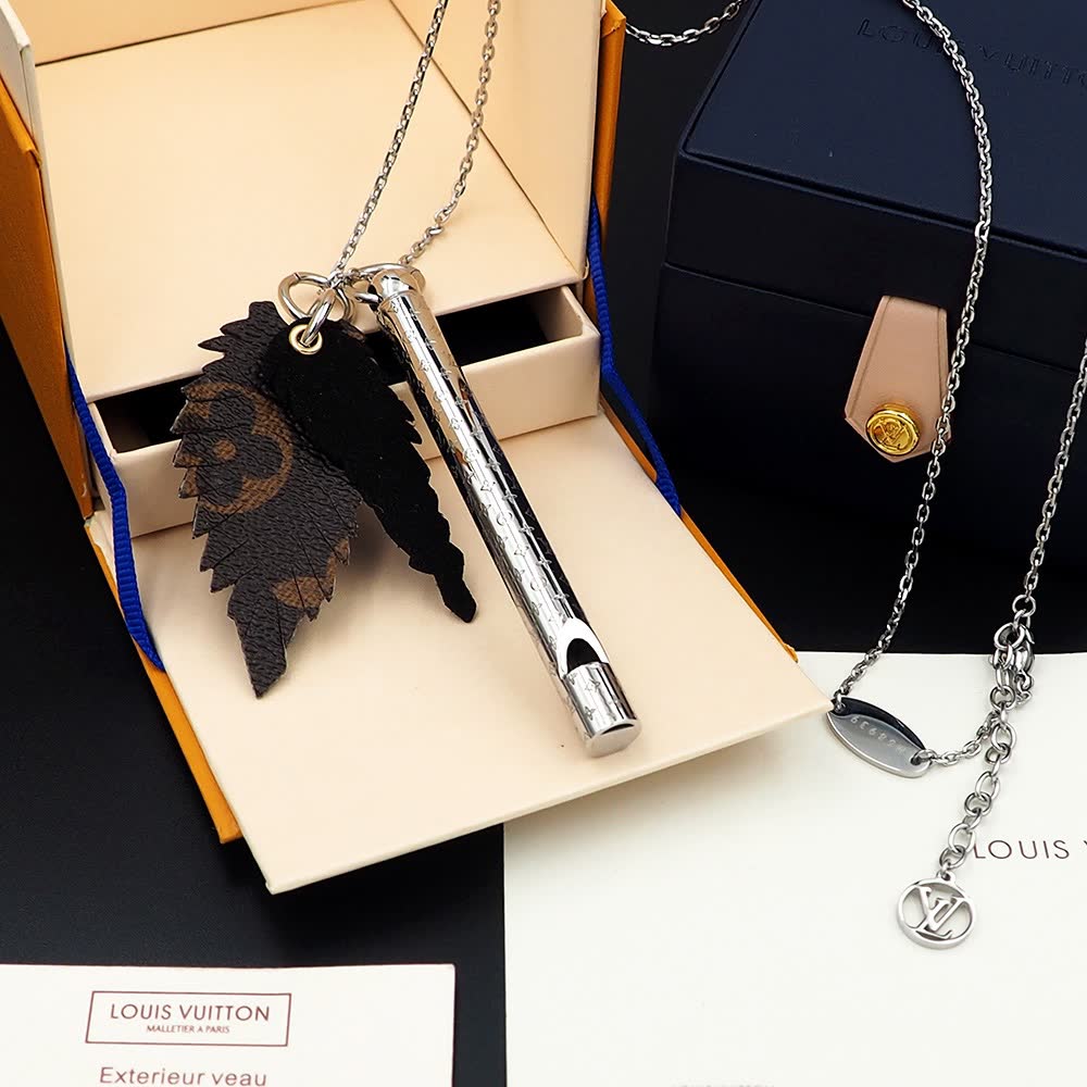 Louis Vuitton Silver Whistle and Leather Charm Necklace